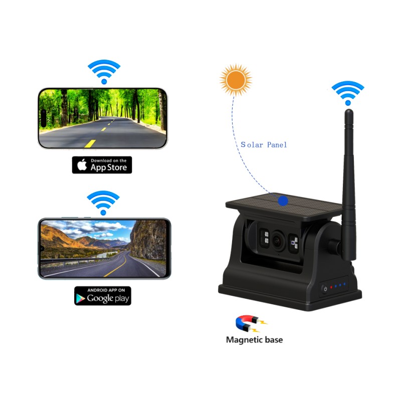 ກ້ອງເບິ່ງຫຼັງໄຮ້ສາຍ WiFi 1080P ສໍາລັບ Android iOS ດ້ວຍການສາກແສງອາທິດ ແລະ ຕິດຕັ້ງແມ່ເຫຼັກ