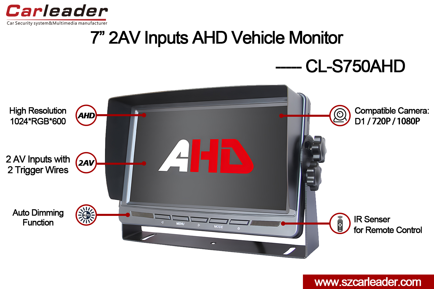 7 ນິ້ວ 2AV AHD Reversing Monitor ສໍາລັບລົດບັນທຸກ