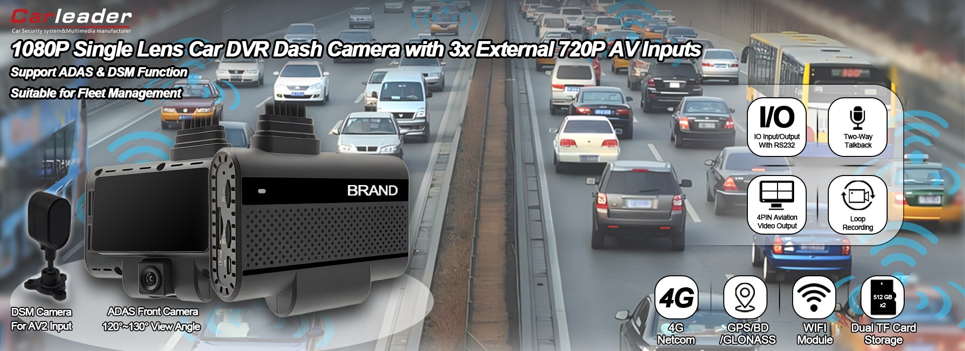 1080P Single Lens Car DVR Dash Camera with 3 External Inputs 720P