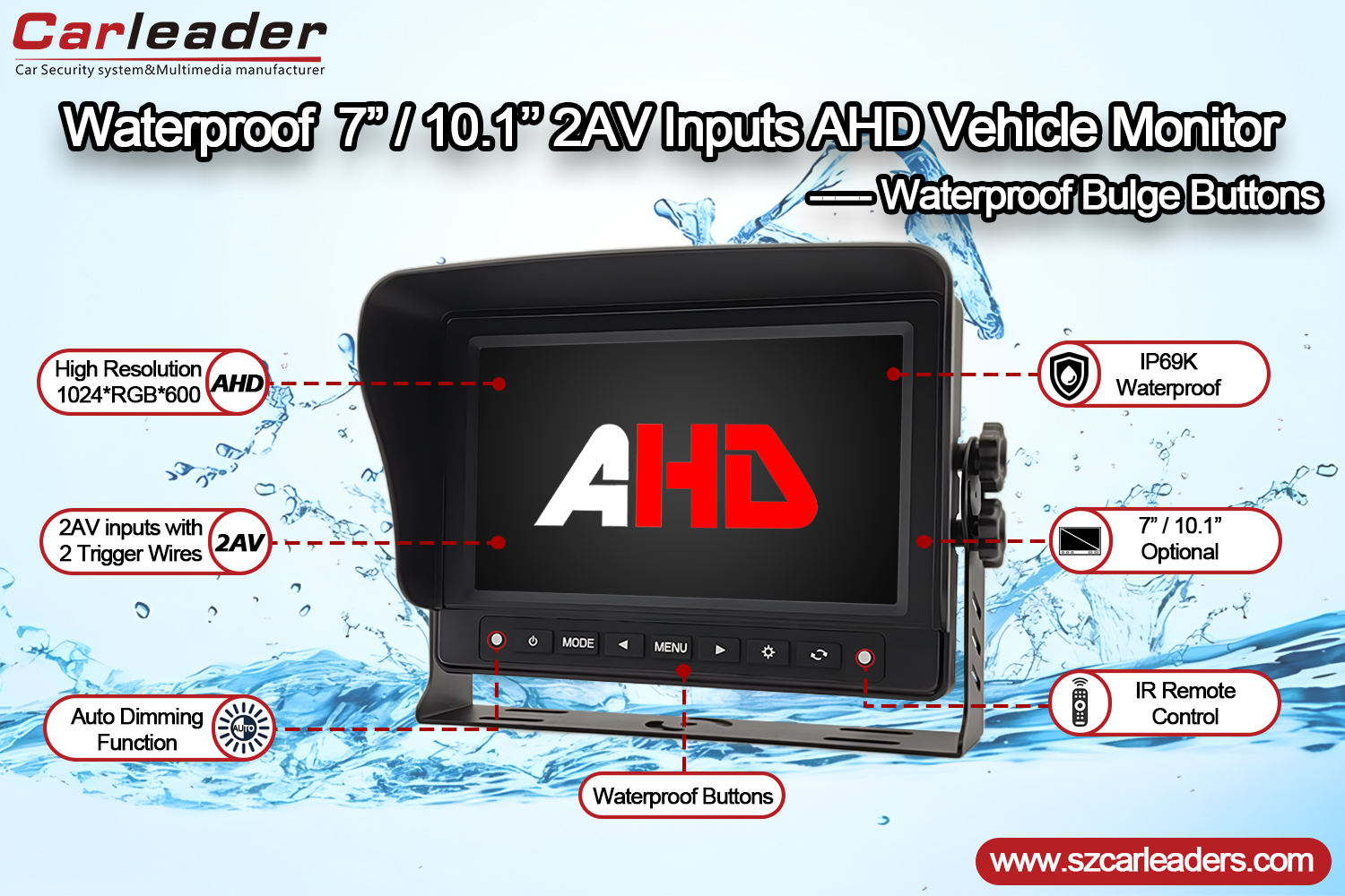 ຈໍພາບດ້ານຫຼັງລົດ 7 ນິ້ວ AHD IP69K Waterproof