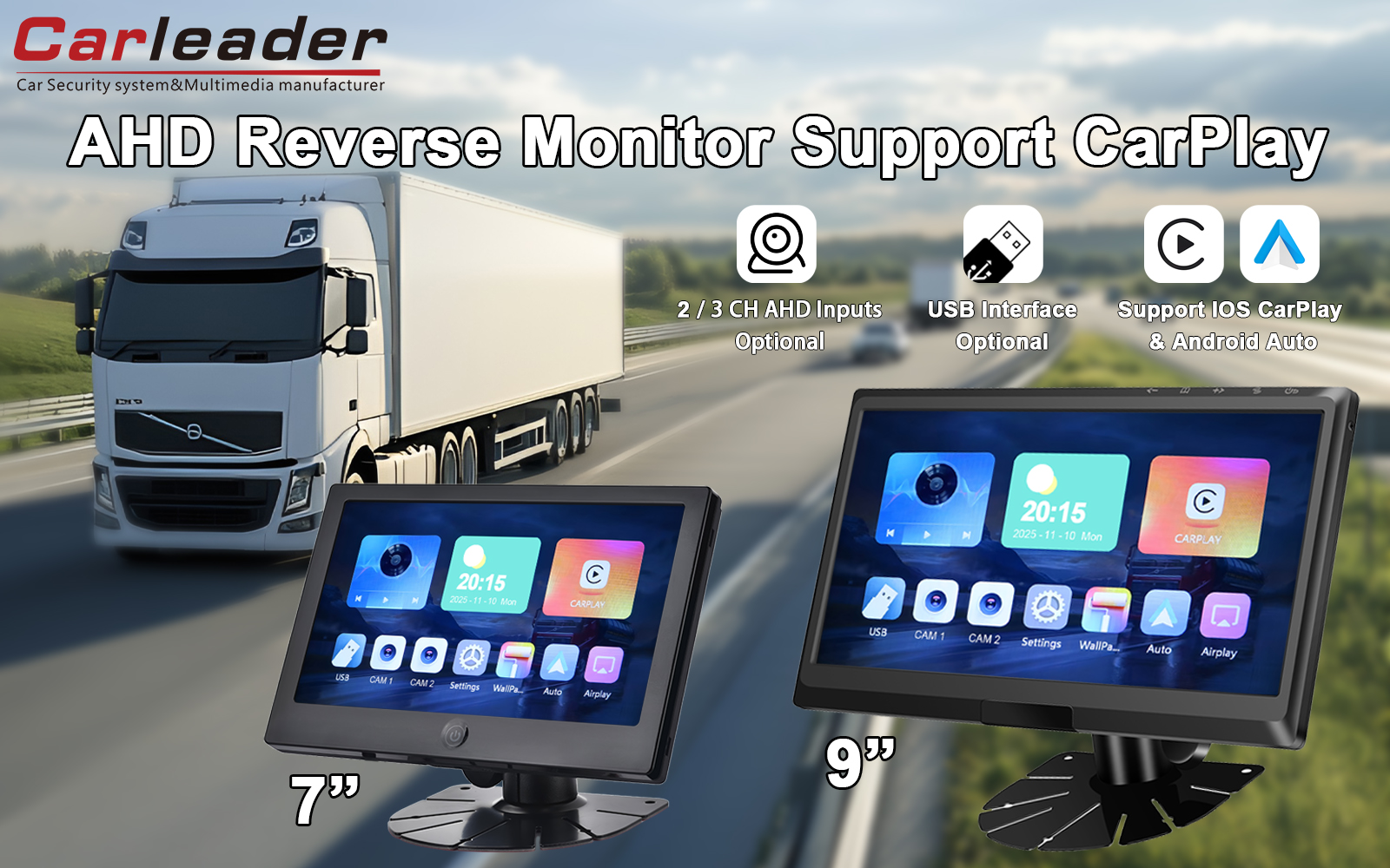 Carleader 9 ນິ້ວ IPS 2AV AHD Vehicle Monitor ຮອງຮັບ CarPlay Multimedia: ປະຕູສູ່ຄວາມສະຫຼາດກວ່າ, ປອດໄພກວ່າ.